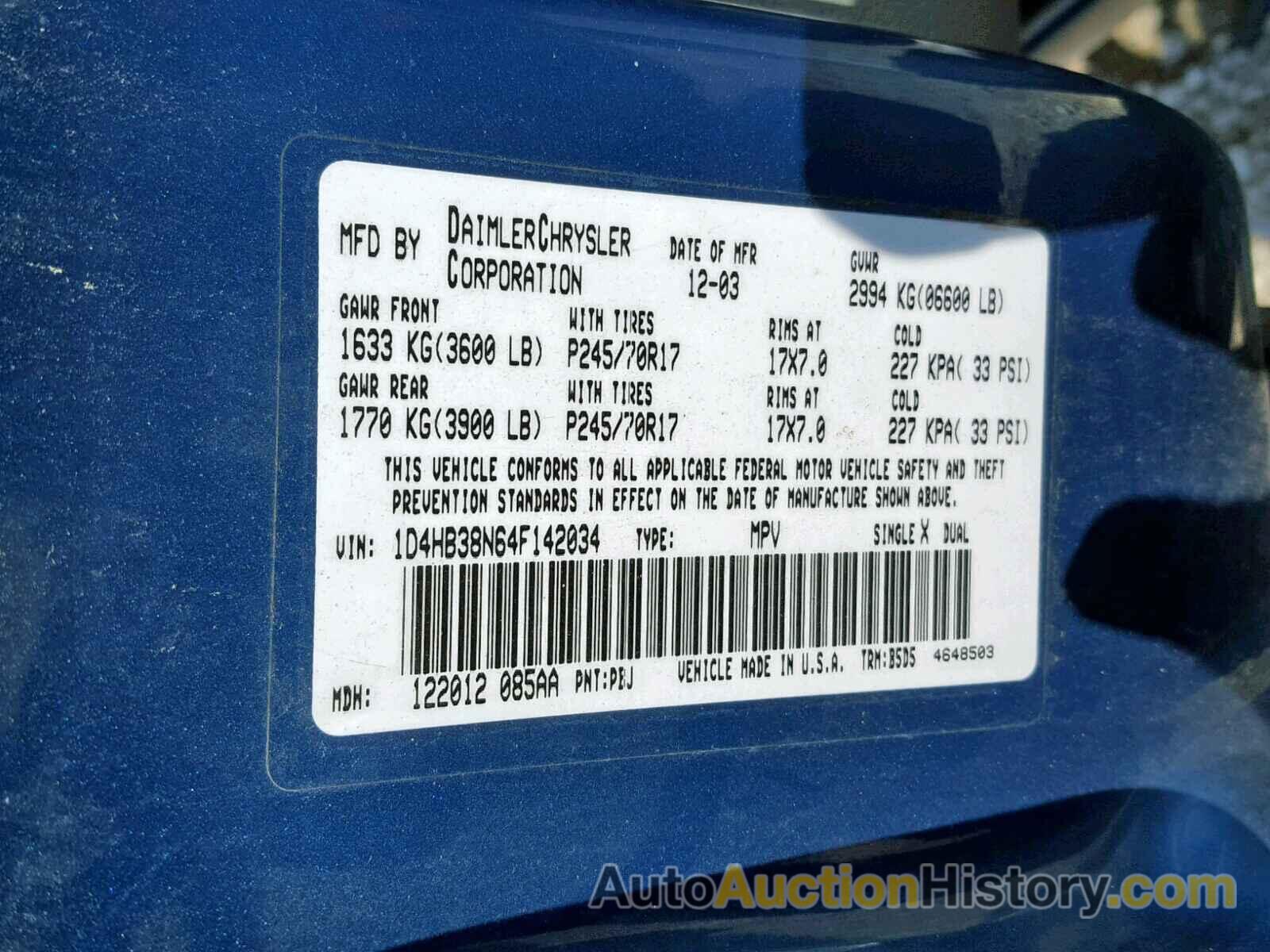 2004 DODGE DURANGO ST, 1D4HB38N64F142034