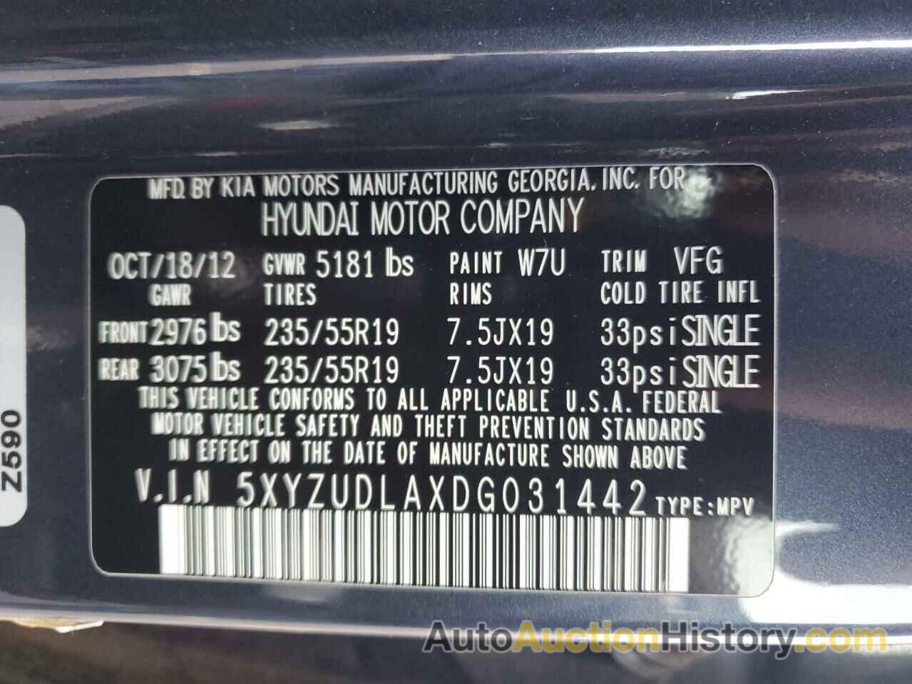 HYUNDAI SANTA FE, 5XYZUDLAXDG031442