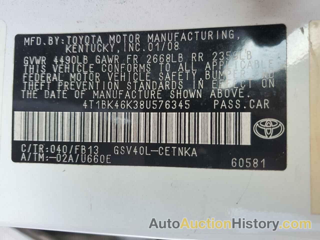 TOYOTA CAMRY LE, 4T1BK46K38U576345