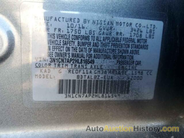 NISSAN VERSA S, 3N1CN7AP2HL816549