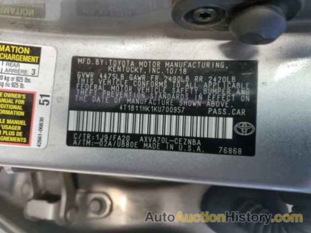 TOYOTA CAMRY L, 4T1B11HK1KU700957