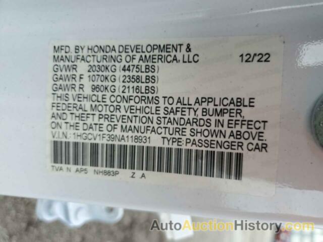 HONDA ACCORD SPORT, 1HGCV1F39NA118931