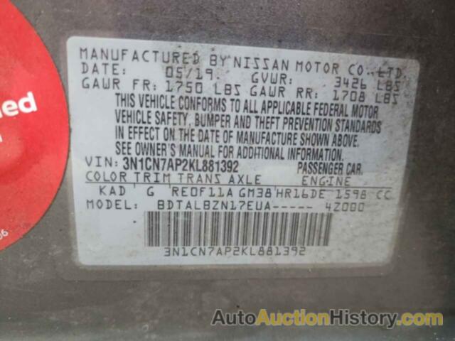 NISSAN VERSA S, 3N1CN7AP2KL881392