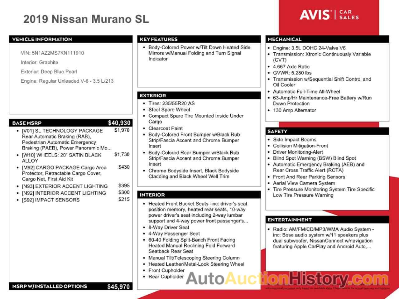 NISSAN MURANO S, 5N1AZ2MS7KN111910