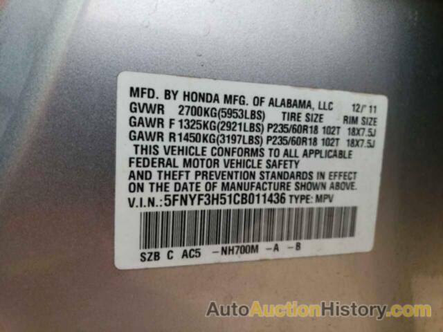 HONDA PILOT EXL, 5FNYF3H51CB011436