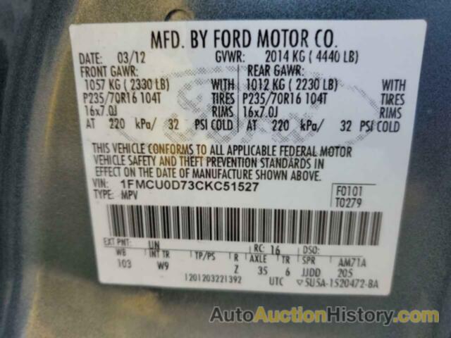 FORD ESCAPE XLT, 1FMCU0D73CKC51527