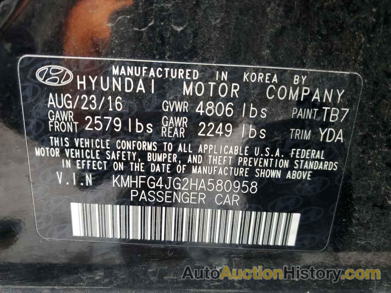 HYUNDAI AZERA, KMHFG4JG2HA580958