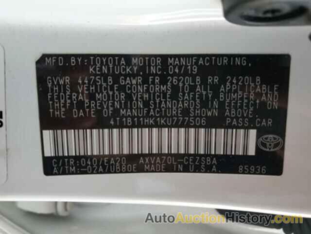 TOYOTA CAMRY L, 4T1B11HK1KU777506