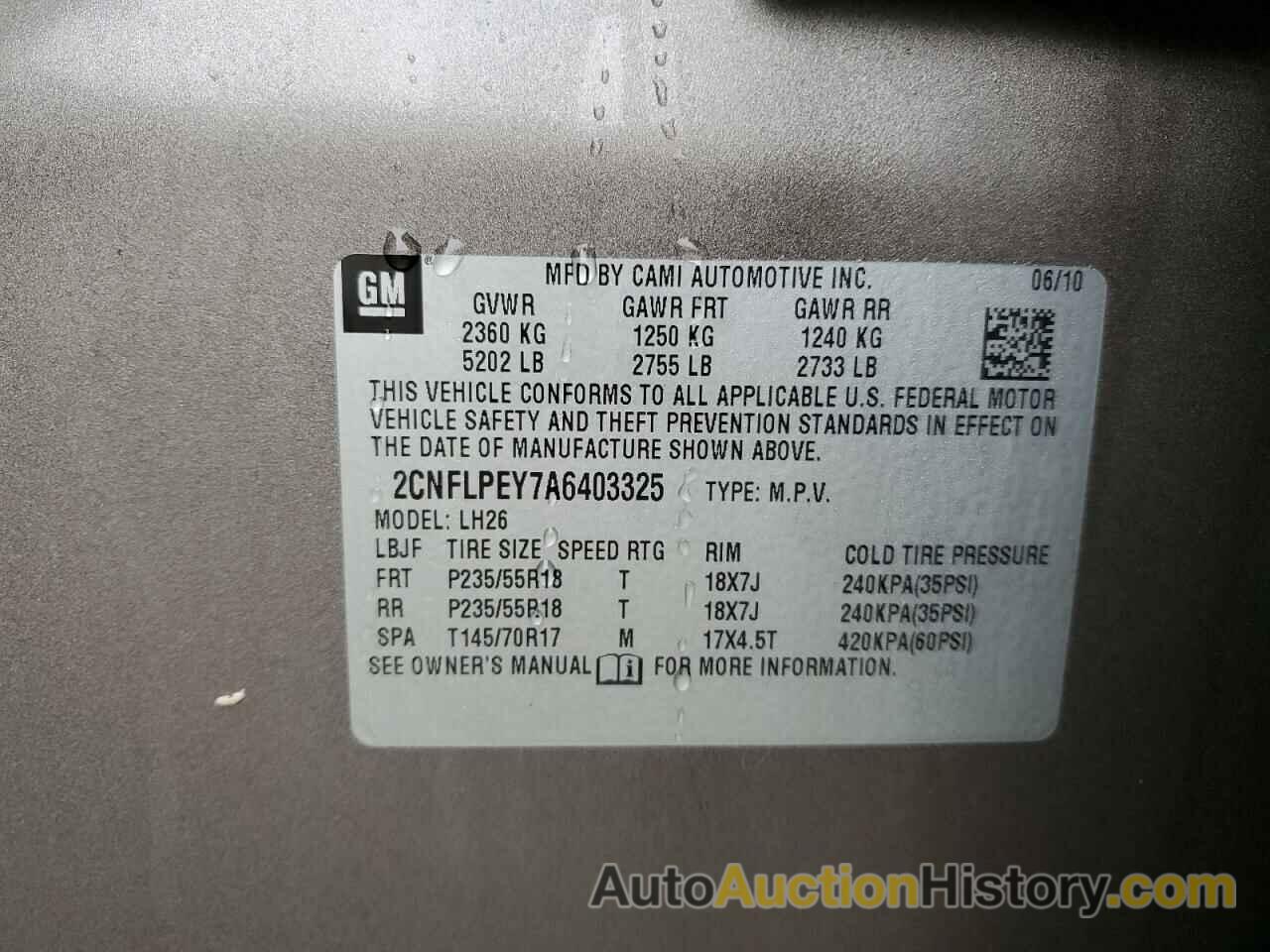 CHEVROLET EQUINOX LT, 2CNFLPEY7A6403325