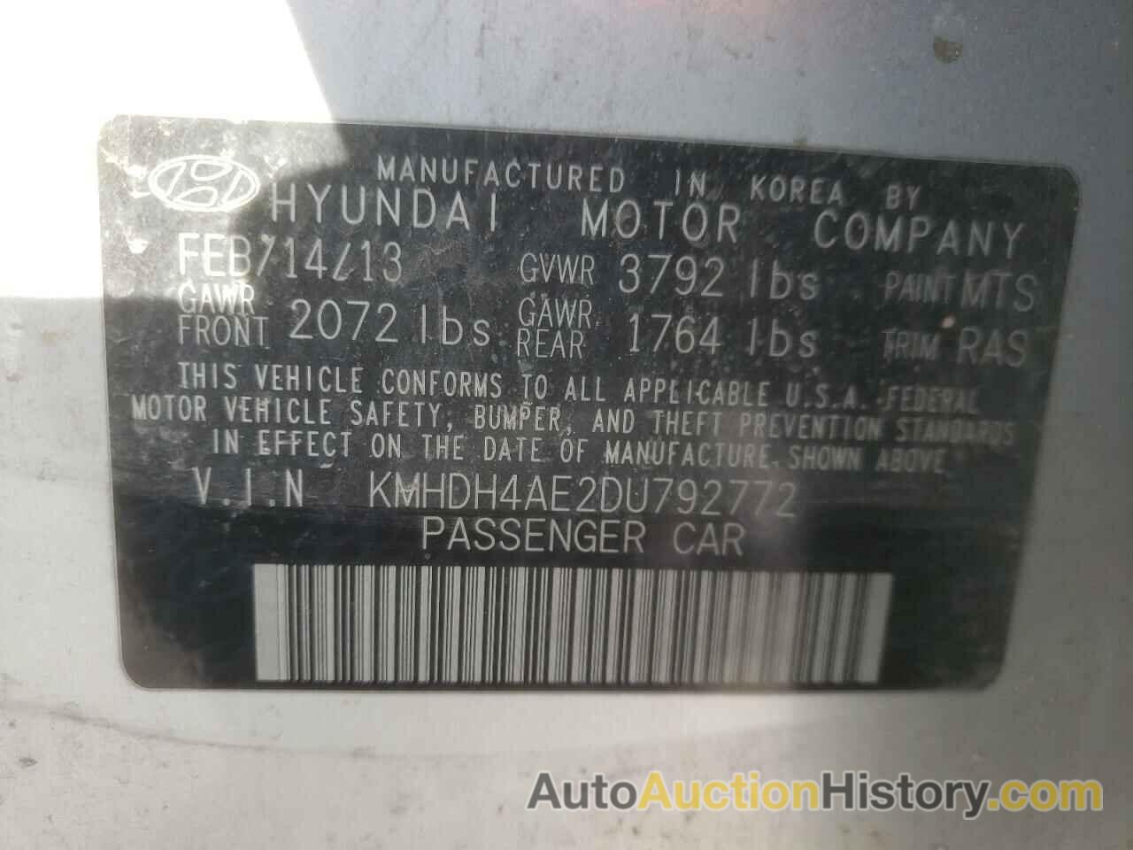 HYUNDAI ELANTRA GLS, KMHDH4AE2DU792772