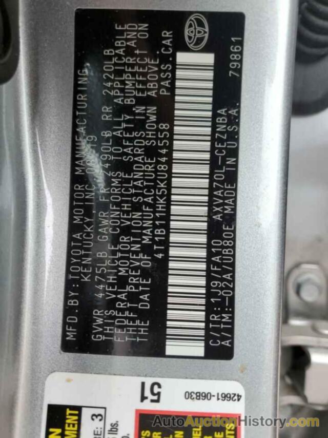 TOYOTA CAMRY L, 4T1B11HK5KU844558