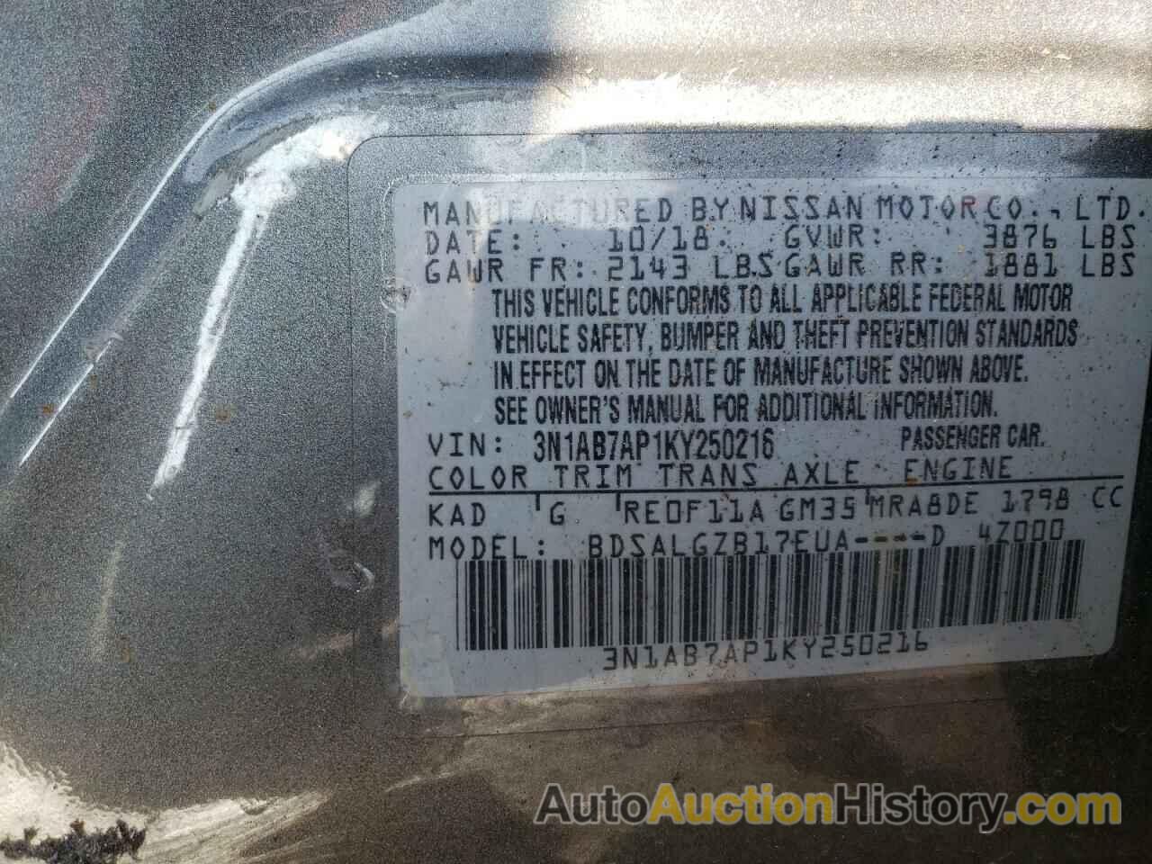 NISSAN SENTRA S, 3N1AB7AP1KY250216