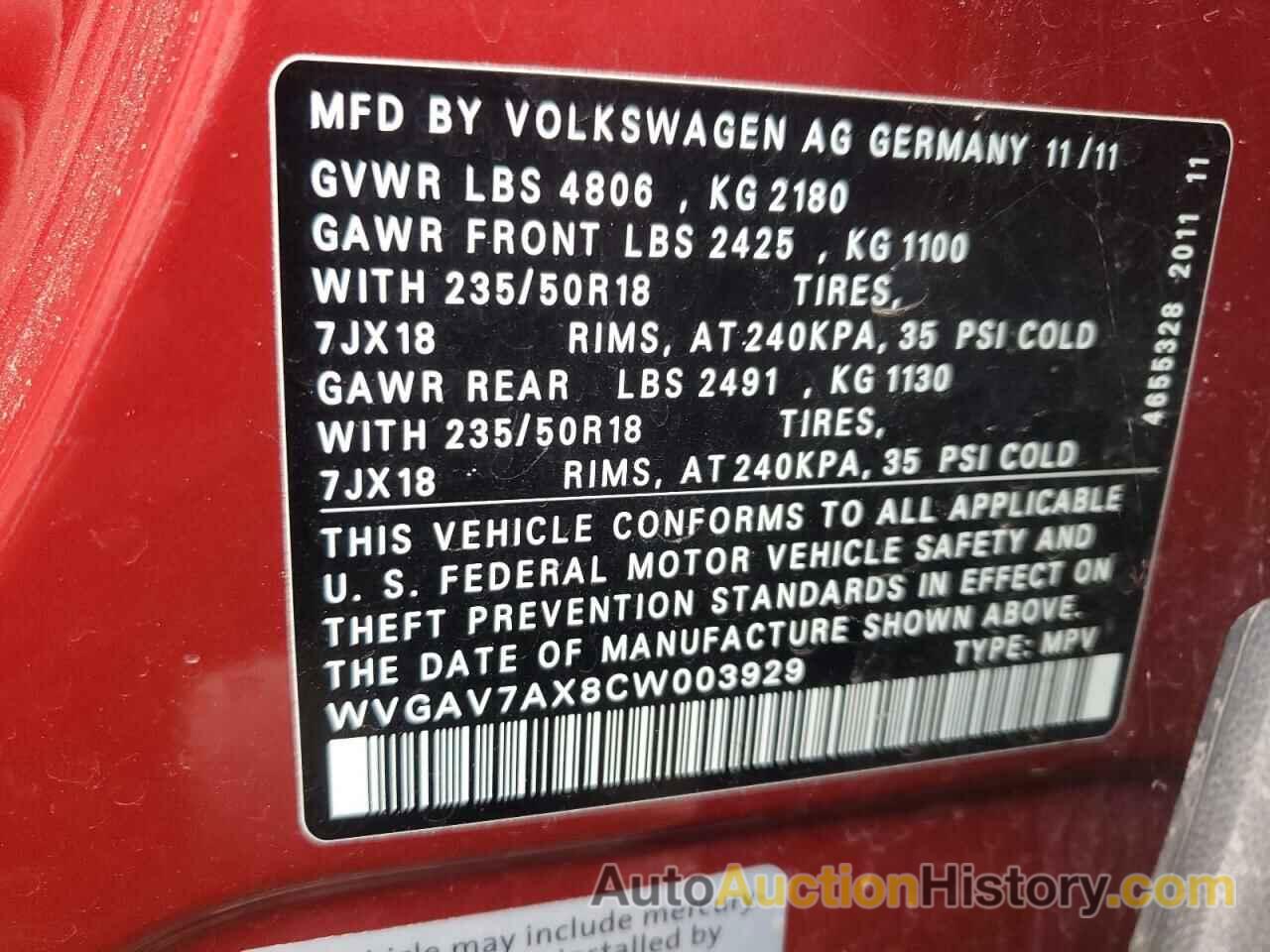 VOLKSWAGEN TIGUAN S, WVGAV7AX8CW003929