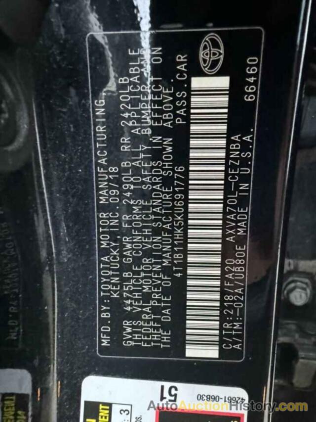 TOYOTA CAMRY L, 4T1B11HK5KU691776