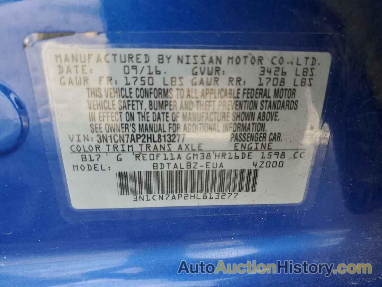 NISSAN VERSA S, 3N1CN7AP2HL813277