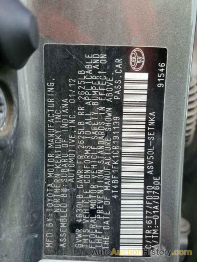 TOYOTA CAMRY BASE, 4T4BF1FK1CR191139