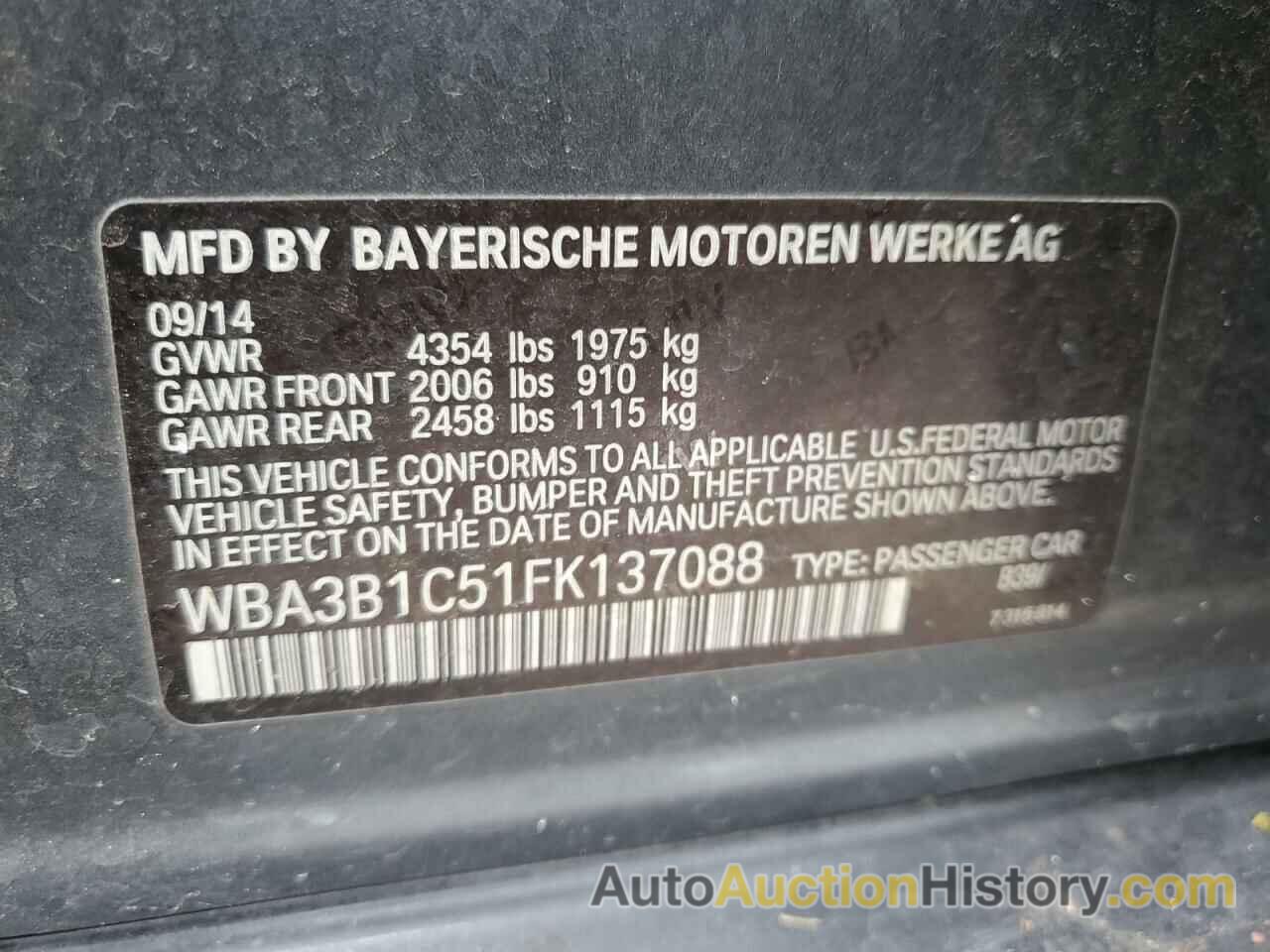 BMW 3 SERIES I, WBA3B1C51FK137088