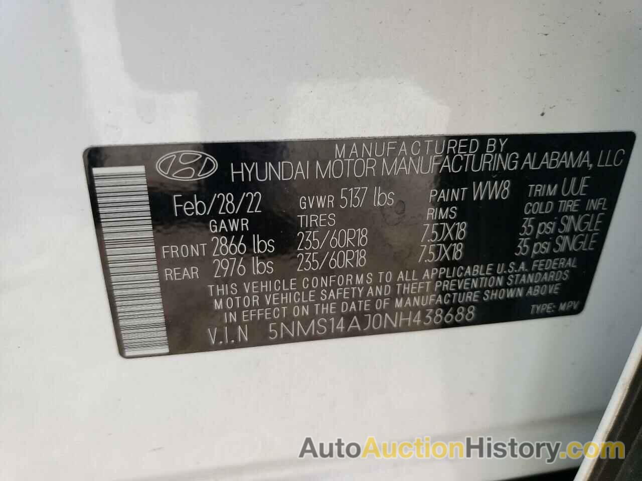 HYUNDAI SANTA FE SE, 5NMS14AJ0NH438688