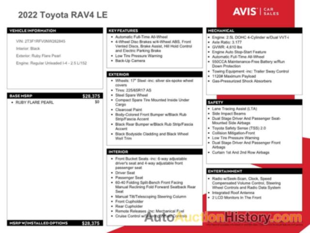 TOYOTA RAV4 LE, 2T3F1RFV0NW262845