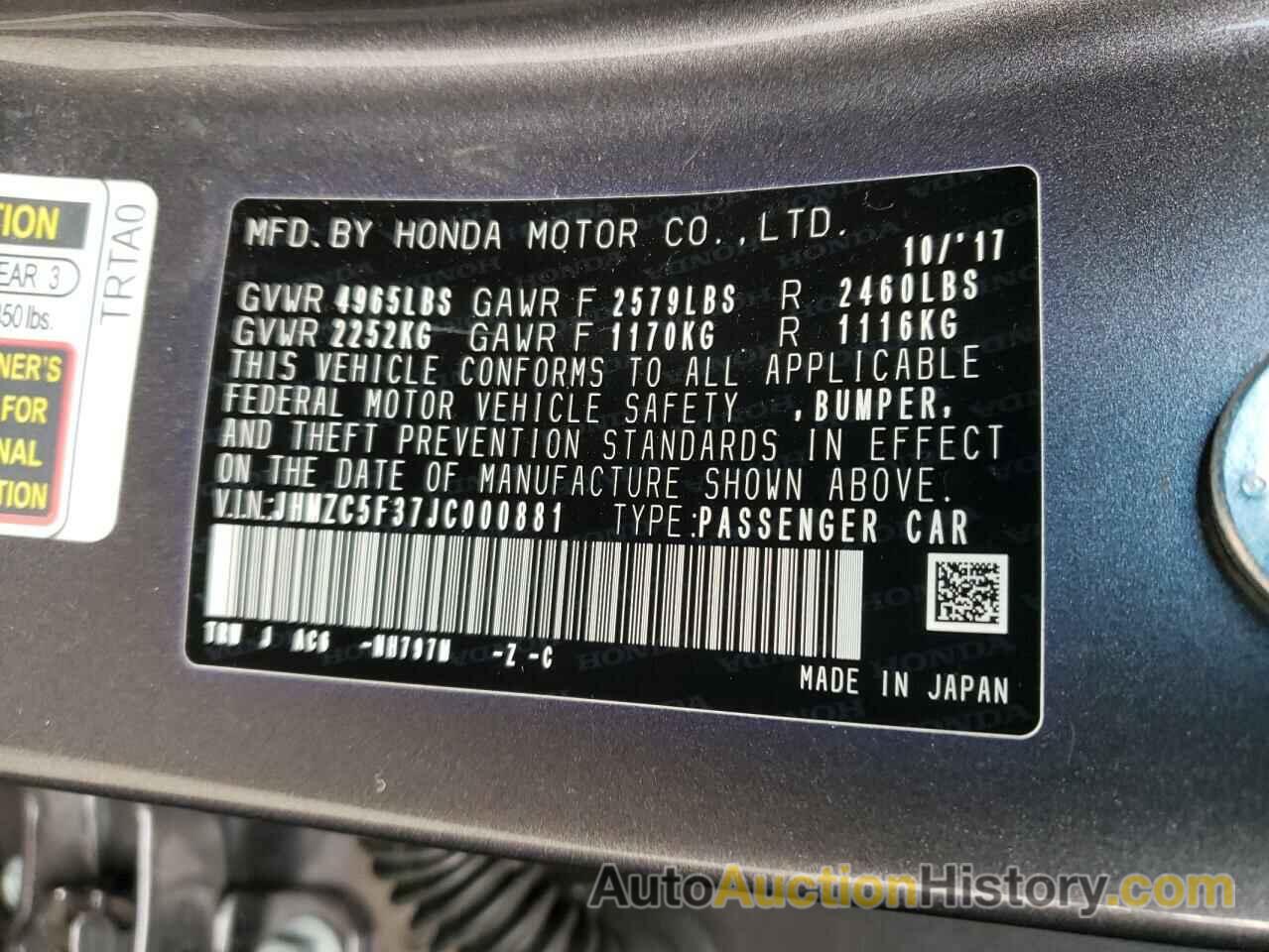 HONDA CLARITY TOURING, JHMZC5F37JC000881