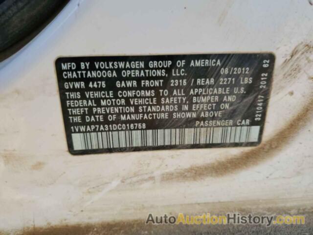 VOLKSWAGEN PASSAT S, 1VWAP7A31DC016758