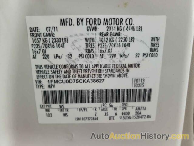 FORD ESCAPE XLT, 1FMCU0D75CKA38627