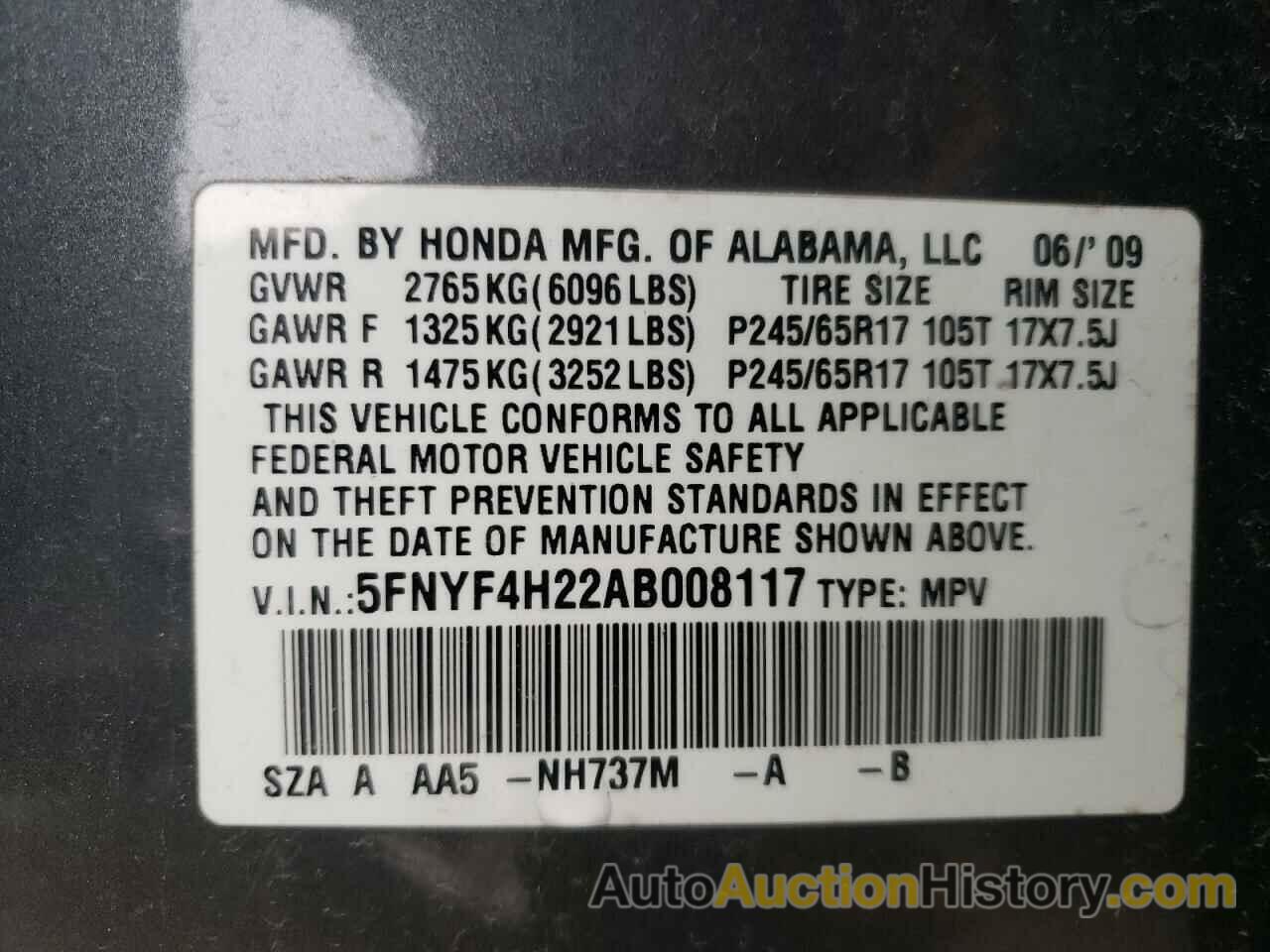 HONDA PILOT LX, 5FNYF4H22AB008117