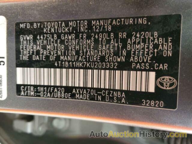 TOYOTA CAMRY L, 4T1B11HK7KU203332