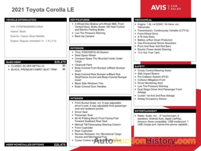 TOYOTA COROLLA LE, 5YFEPMAE6MP218944