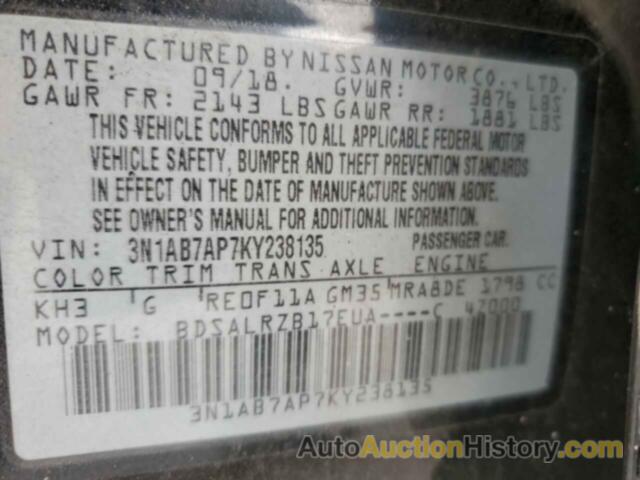 NISSAN SENTRA S, 3N1AB7AP7KY238135