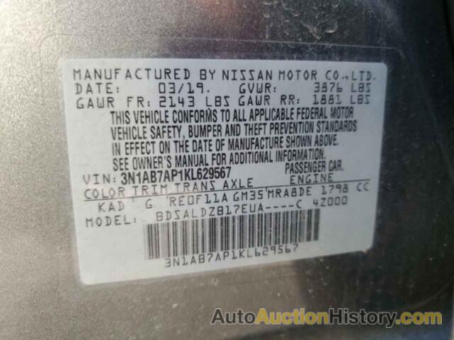 NISSAN SENTRA S, 3N1AB7AP1KL629567