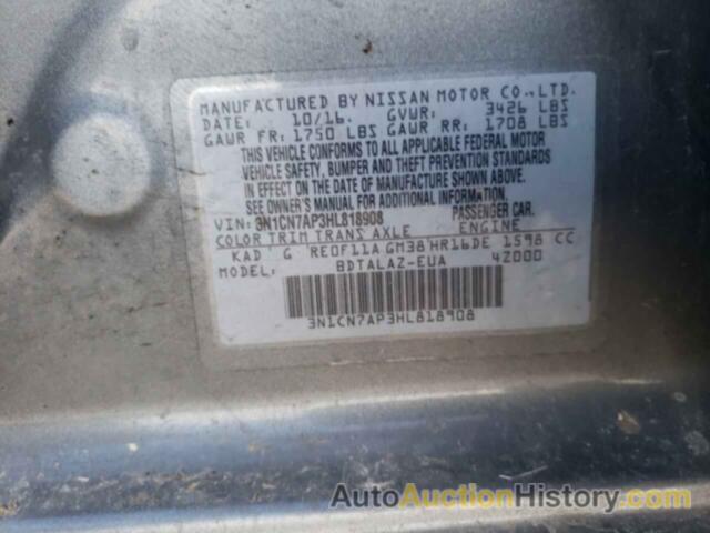 NISSAN VERSA S, 3N1CN7AP3HL818908