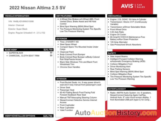 NISSAN ALTIMA SV, 1N4BL4DV8NN315996