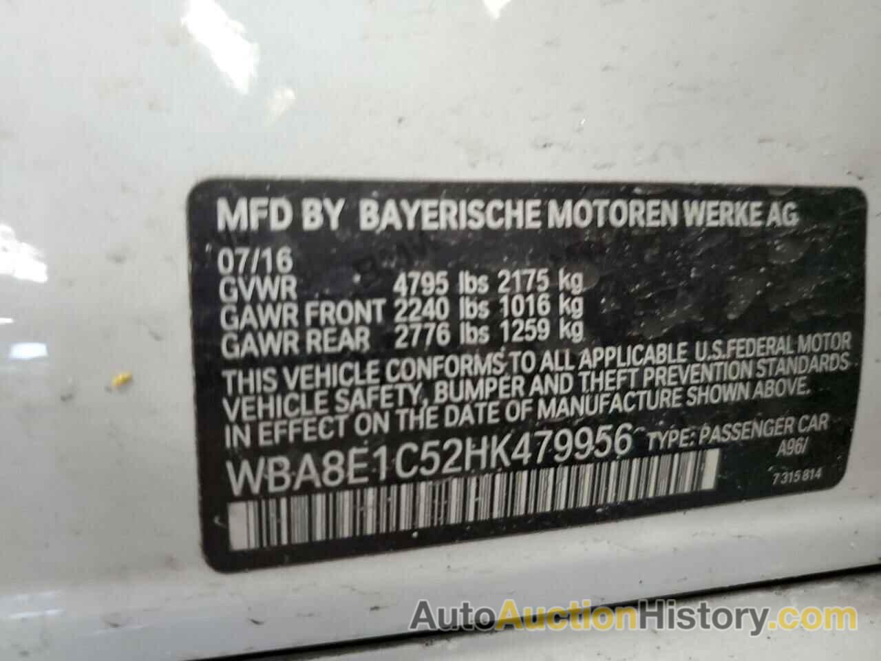 BMW 3 SERIES, WBA8E1C52HK479956