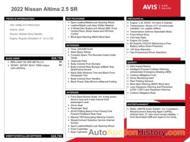 NISSAN ALTIMA SR, 1N4BL4CV1NN314223