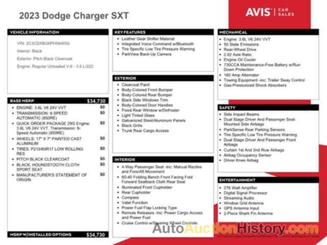 DODGE CHARGER SXT, 2C3CDXBG6PH564055