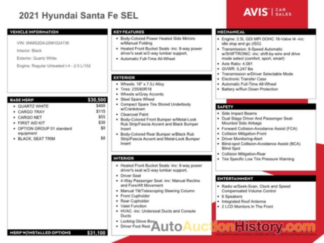 HYUNDAI SANTA FE SEL, 5NMS2DAJ2MH324736