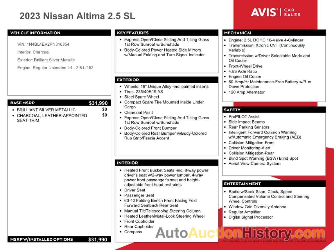 NISSAN ALTIMA SL, 1N4BL4EV2PN316854