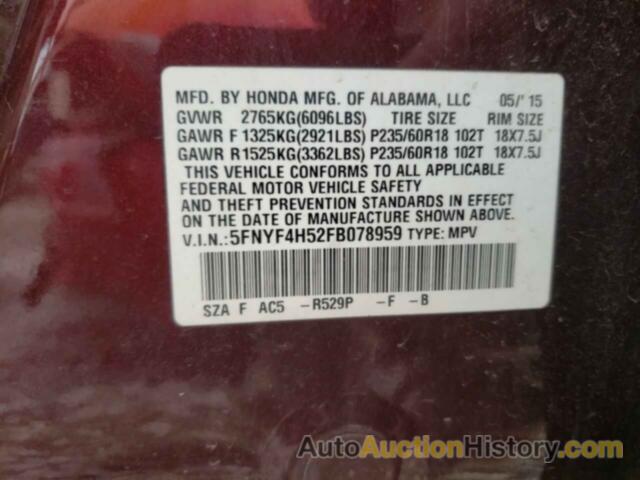 HONDA PILOT EXL, 5FNYF4H52FB078959