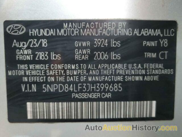 HYUNDAI ELANTRA SEL, 5NPD84LF3JH399685