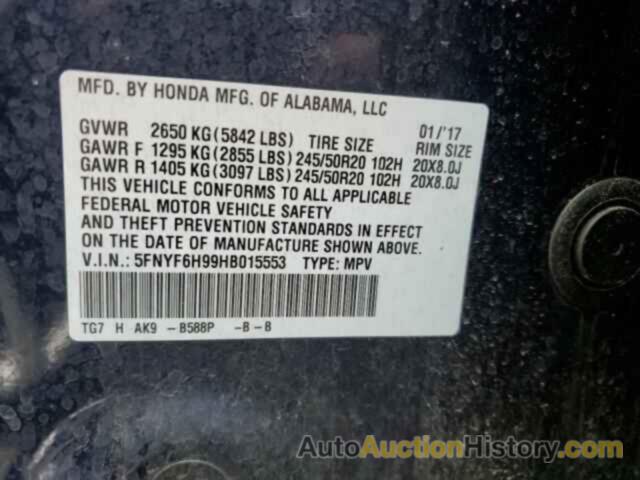 HONDA PILOT TOURING, 5FNYF6H99HB015553