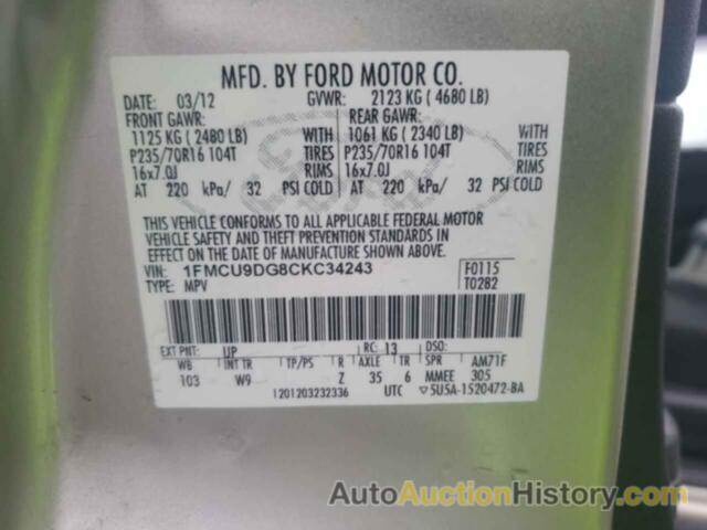 FORD ESCAPE XLT, 1FMCU9DG8CKC34243