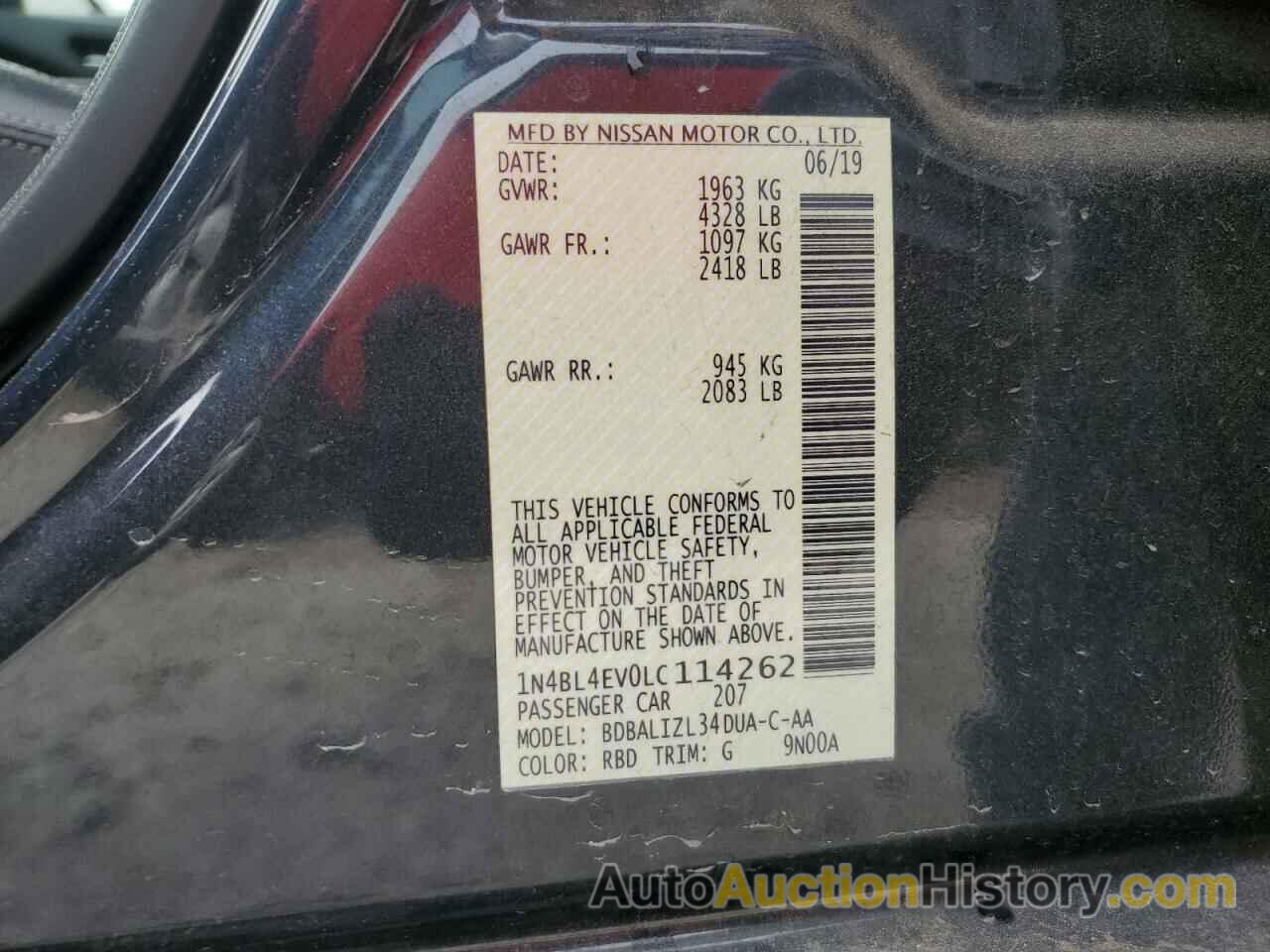 NISSAN ALTIMA SL, 1N4BL4EV0LC114262