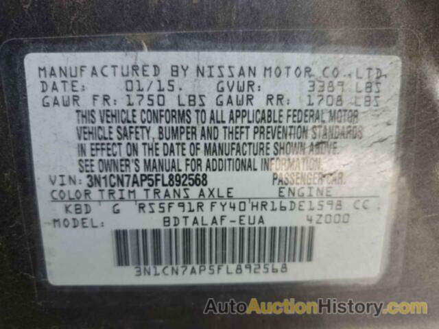 NISSAN VERSA S, 3N1CN7AP5FL892568