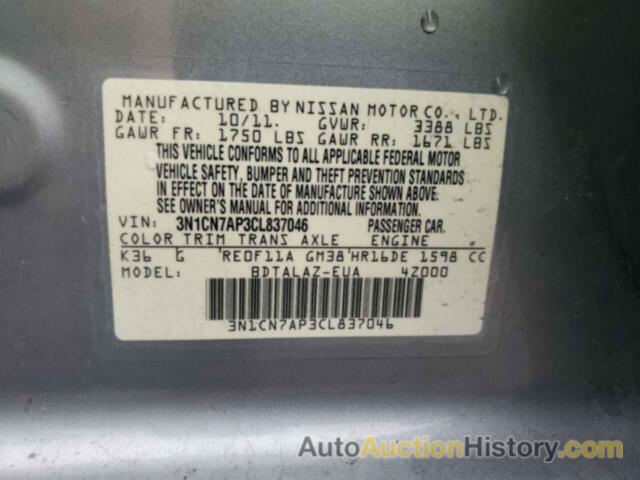 NISSAN VERSA S, 3N1CN7AP3CL837046