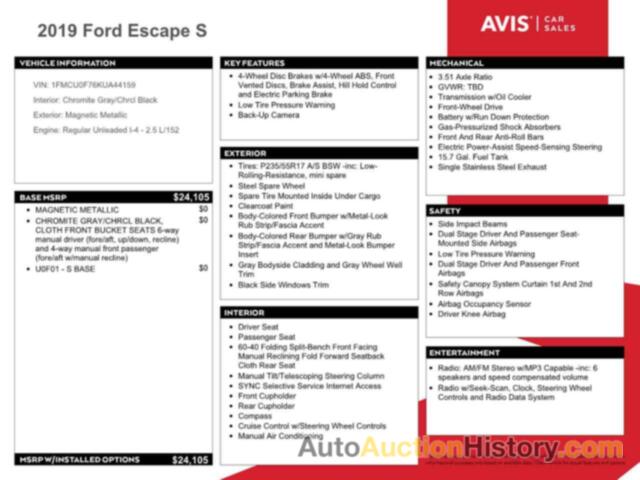 FORD ESCAPE S, 1FMCU0F76KUA44159