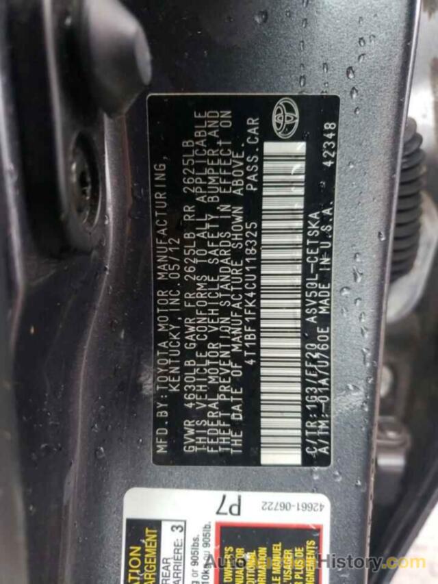 TOYOTA CAMRY BASE, 4T1BF1FK4CU118325