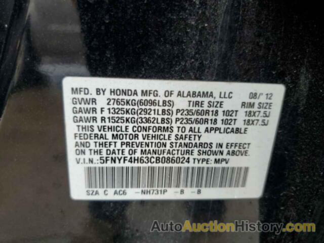 HONDA PILOT EXL, 5FNYF4H63CB086024