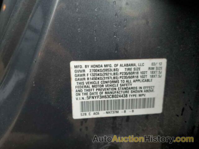 HONDA PILOT EXL, 5FNYF3H63CB024438