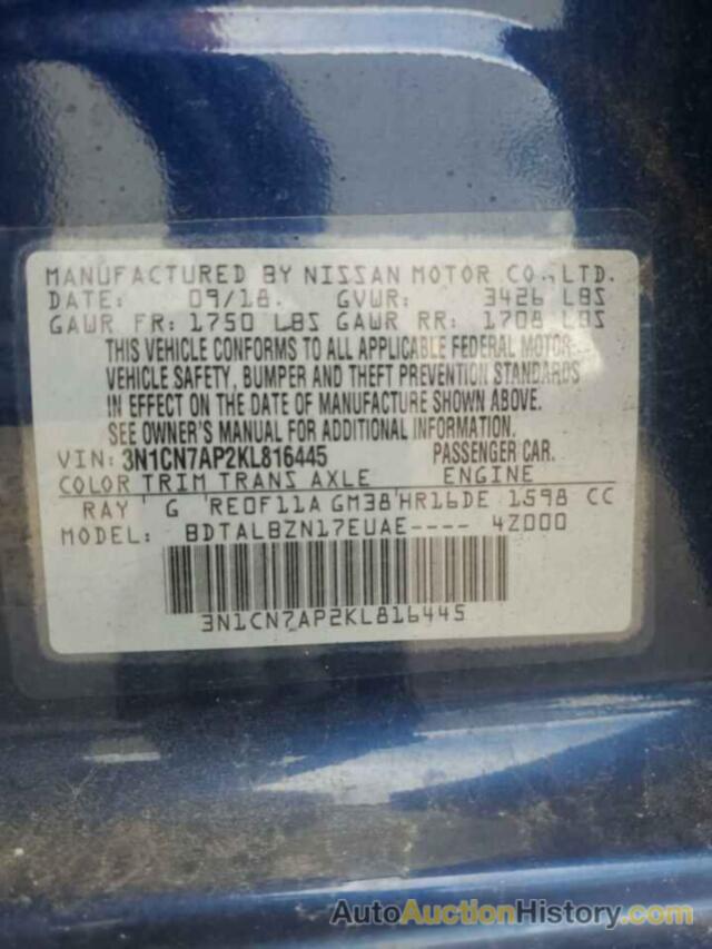 NISSAN VERSA S, 3N1CN7AP2KL816445